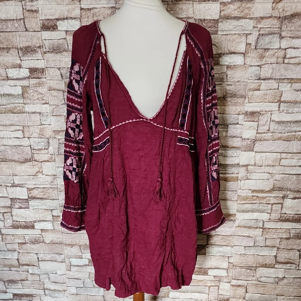 Free People Bohemian Burgundy Embroidered Dress